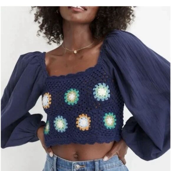 Aerie Tops - AERIE Crochet Granny Square Crop Top Floral Puff Sleeve BOHO Blue Sz XS